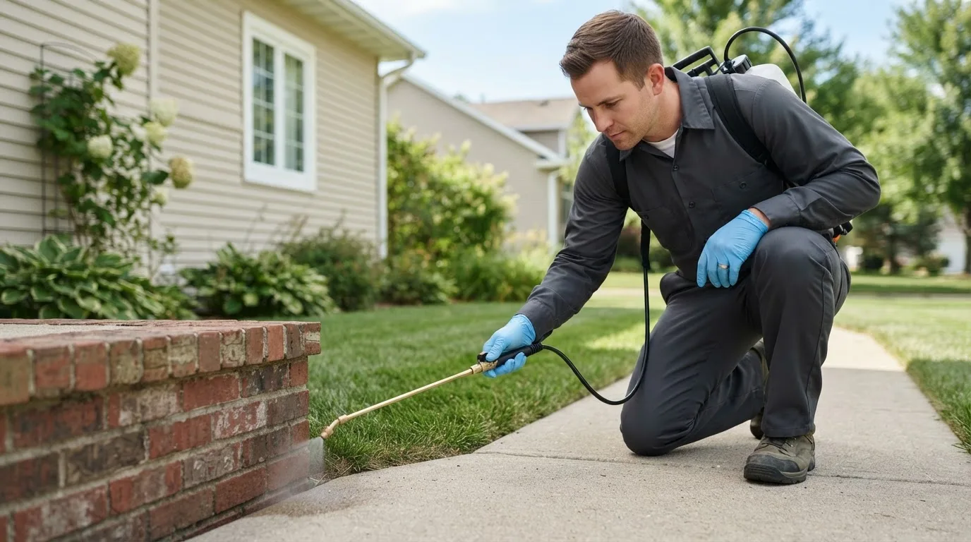 Pest control technician treating a home near Elgin, IL